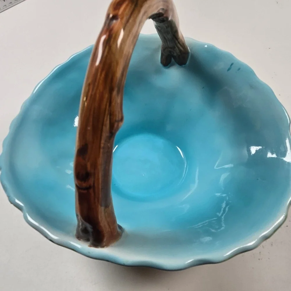 Majolica Iris Basket Made in Italy Ceramic Basket Floral Iris Branch Vintage VTG